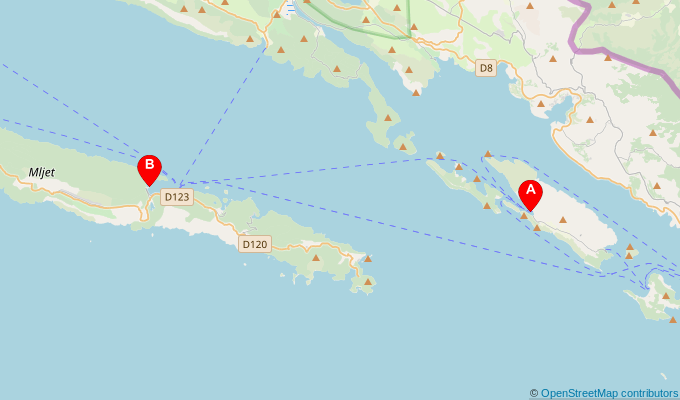 Map of ferry route between Sipanska Luka and Sobra (Mljet)